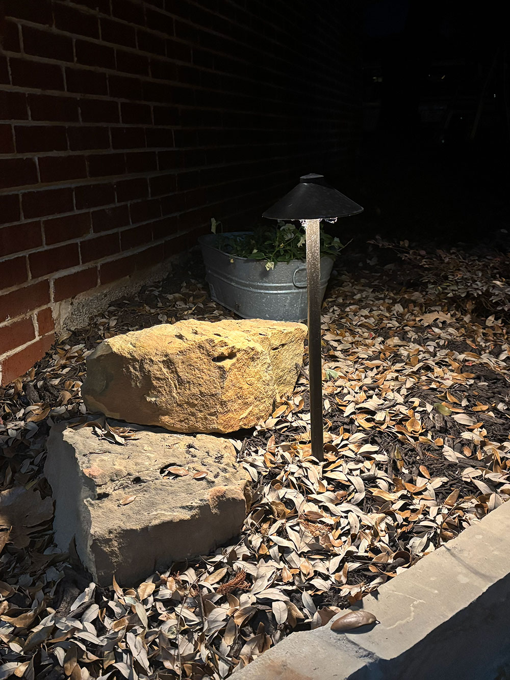 Landscape light illuminating stone and planting detail