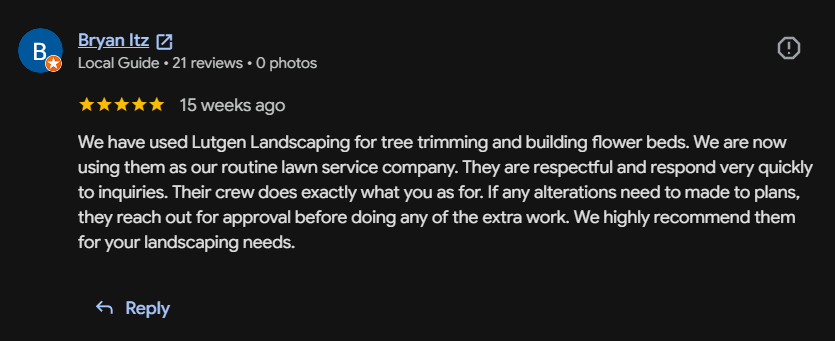 Google review 16 for Lutgen Landscaping & Lawn Care