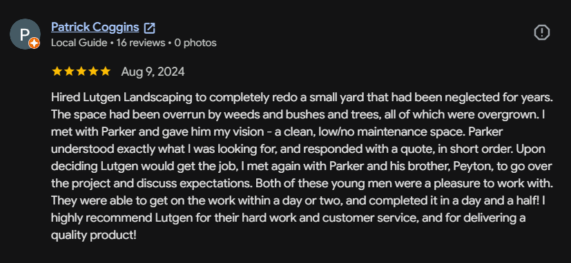 Google review 65 for Lutgen Landscaping & Lawn Care
