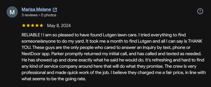 Google review 80 for Lutgen Landscaping & Lawn Care