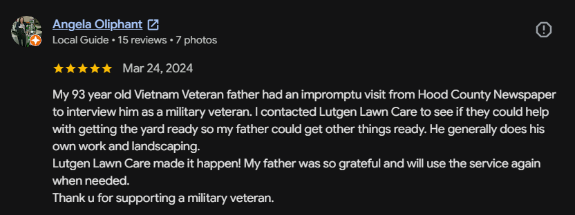 Google review 90 for Lutgen Landscaping & Lawn Care