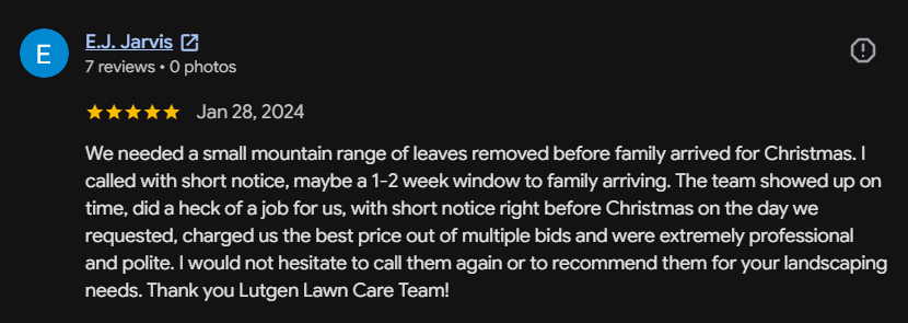 Google review 98 for Lutgen Landscaping & Lawn Care