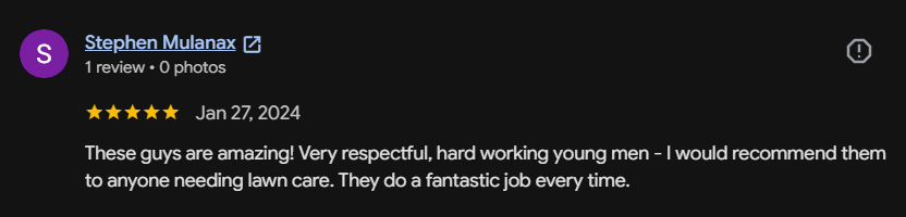 Google review 100 for Lutgen Landscaping & Lawn Care
