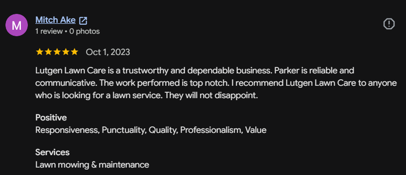 Google review 106 for Lutgen Landscaping & Lawn Care