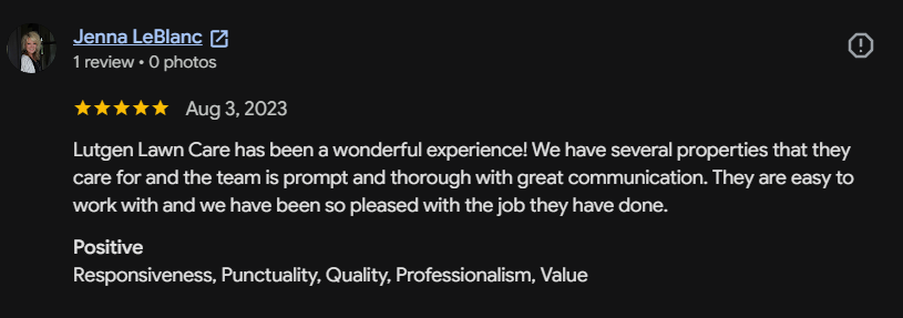 Google review 114 for Lutgen Landscaping & Lawn Care