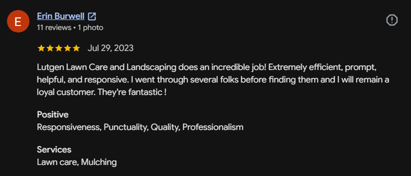 Google review 128 for Lutgen Landscaping & Lawn Care