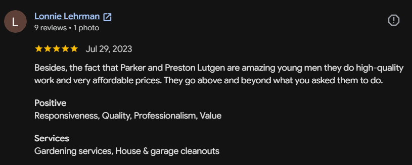Google review 129 for Lutgen Landscaping & Lawn Care