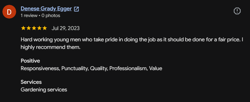 Google review 130 for Lutgen Landscaping & Lawn Care