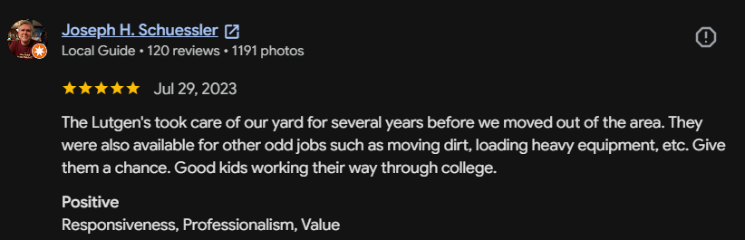 Google review 134 for Lutgen Landscaping & Lawn Care