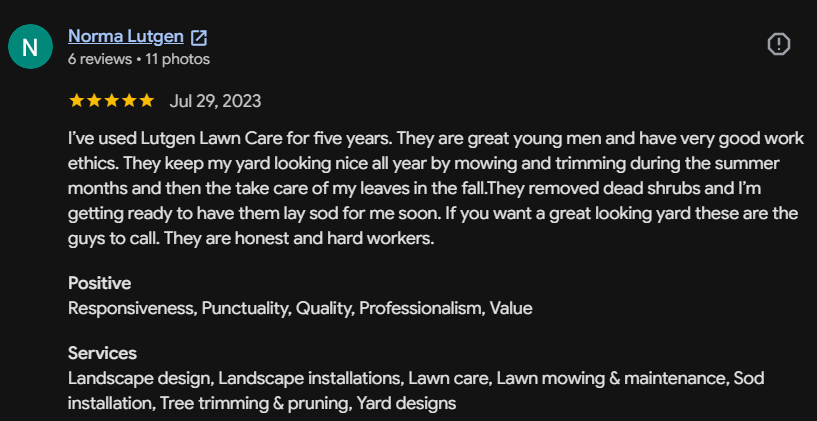 Google review 137 for Lutgen Landscaping & Lawn Care