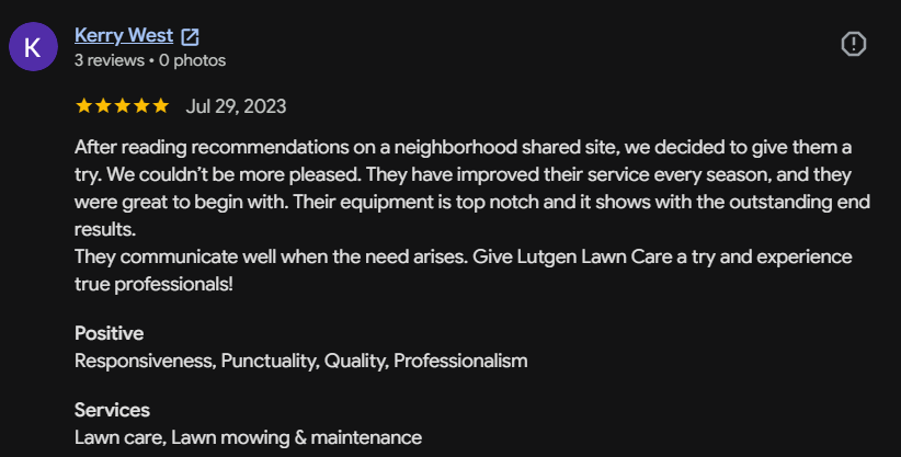 Google review 149 for Lutgen Landscaping & Lawn Care