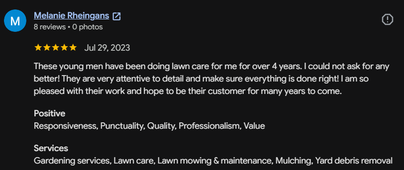Google review 150 for Lutgen Landscaping & Lawn Care