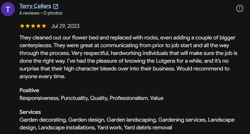 Google review 158 for Lutgen Landscaping & Lawn Care