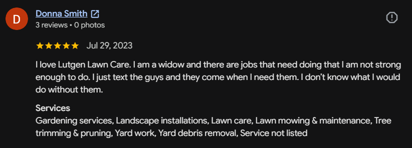 Google review 160 for Lutgen Landscaping & Lawn Care
